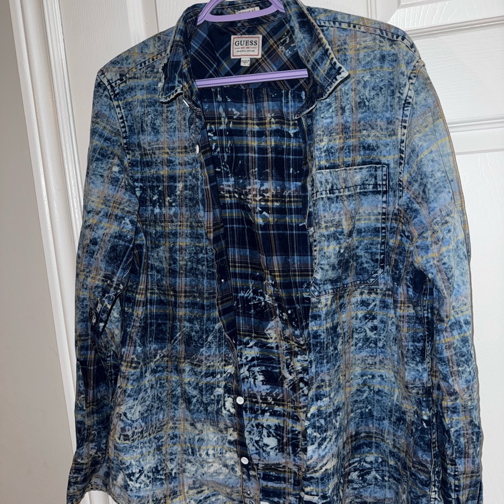 Guess Blue and Yellow Checkered/splash Shirt